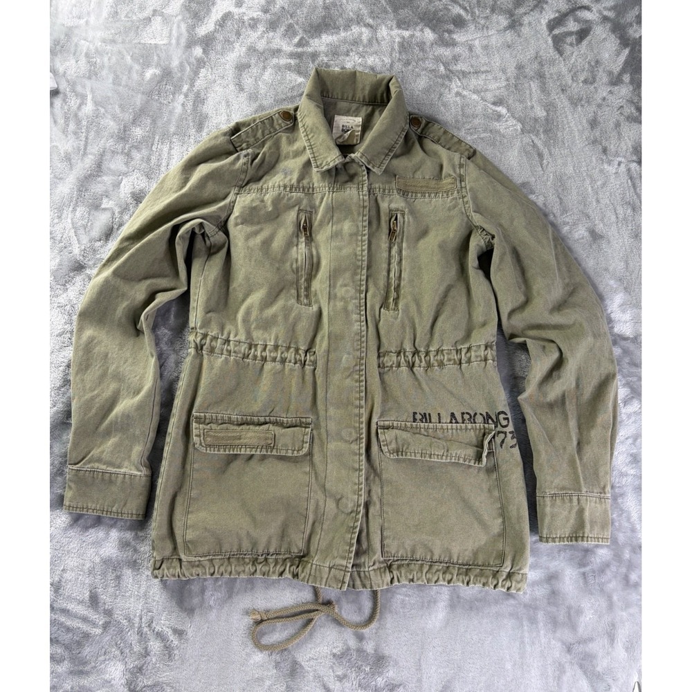 Billabong E7072 Womens S Green Jacket Adjustable Drawstring Hem Zip Size Button